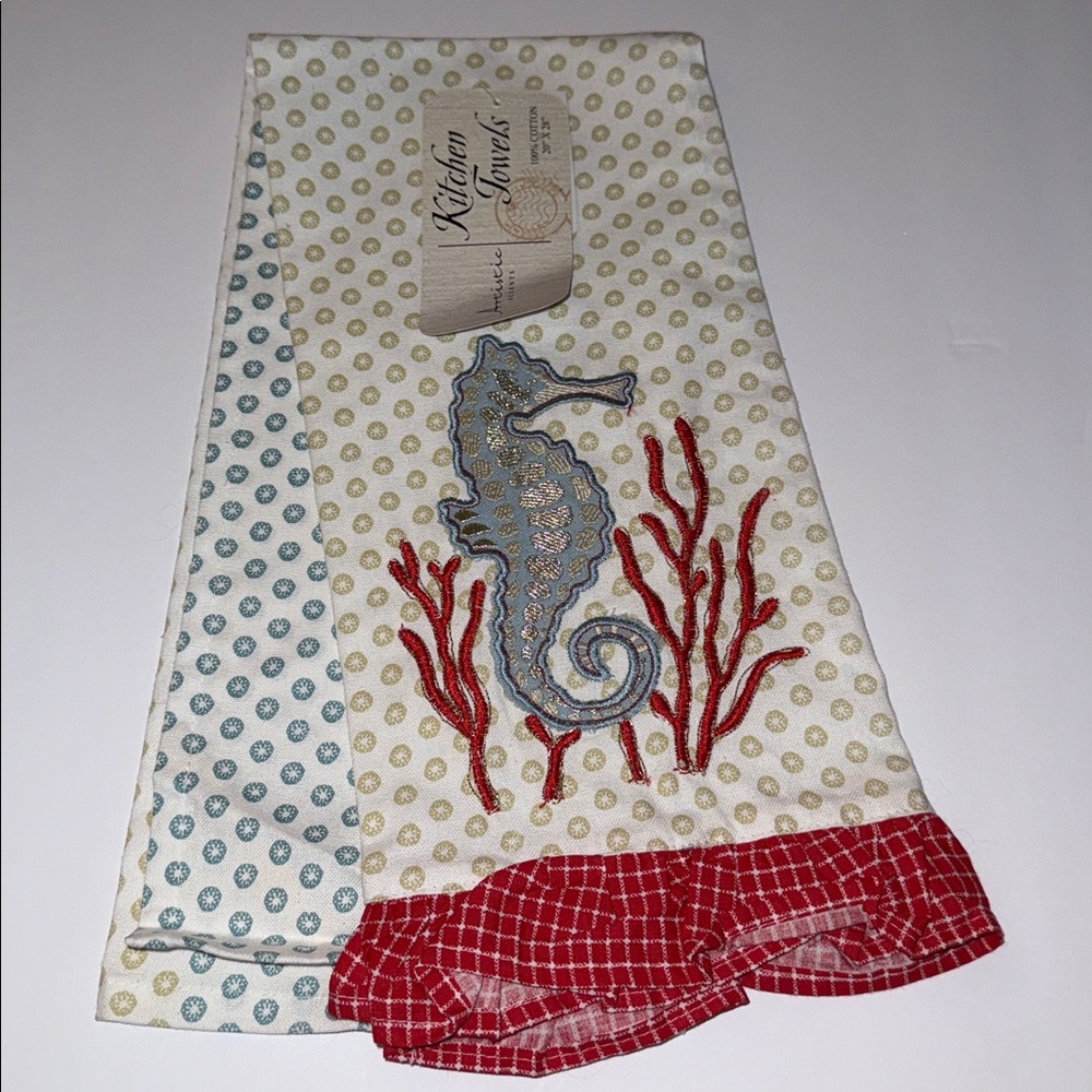 New Artistic Accents Tea Towel 100% Cotton 20 x 28” Seahorse Coral